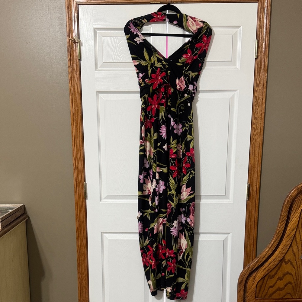 VENUS Black Halter jumpsuit with Red & Pink Floral Print